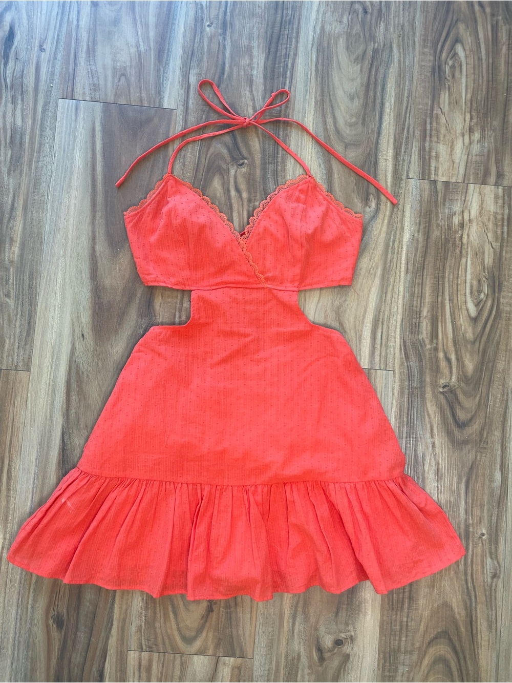 Coral Orange Cutout Halter Mini Dress Swiss Dot Linen Blend Small Summer